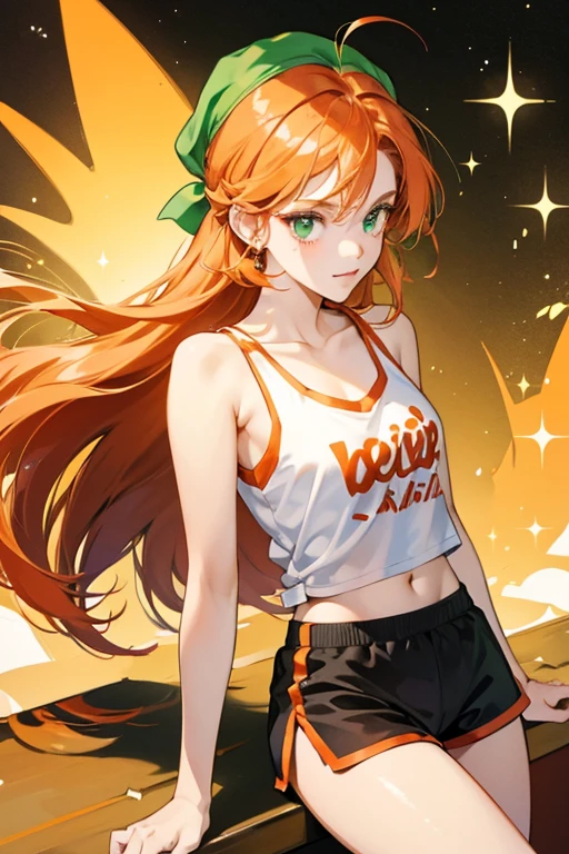 girl orange hair and green eyes, wearing a red bandana and a white tank top with black shorts.  SPARKLE; GLITTER