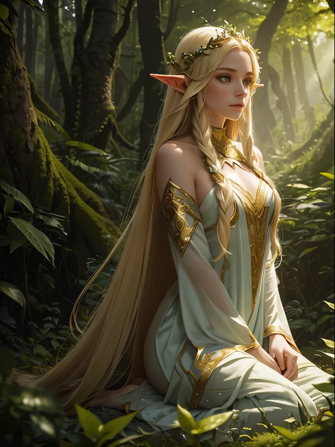 "Elf with a captivating gaze, ethereal beauty, flowing golden hair, pointed ears, adorned in intricate elven attire, surrounded by mystical forest, soft sunlight filtering through lush greenery."