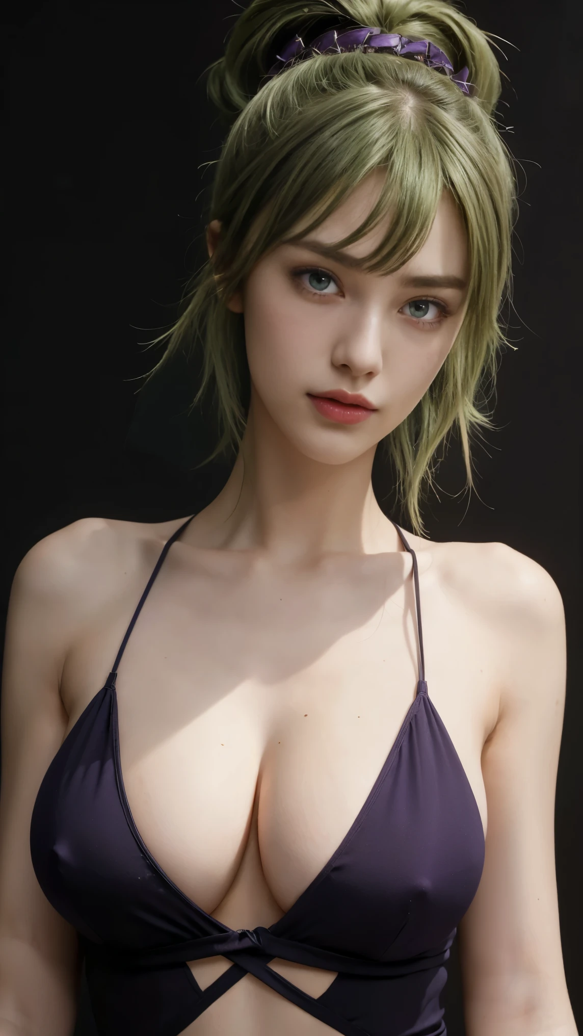 8K, Top Quality, Intricate Details, Ultra Detail, Ultra High Resolution, Masterpiece, close up shot, (full body: 1.1), Slender, Smile, (Makeup: 0.4), (Fluffy purple Eyes: 1.21), (()), 1girl, solo, 1 girl, ((green hair, bangs, high ponytail)), close up shot, , ((tall)), (((fit body))), (((slim face))), sharp face, (()) ,(detailed face), sharp face, small lips, ,
((,dress )), , ((,)),detailed face, detailed breast, , ((large breast, huge breast )), , Narrow Waist, Skinny, tall , 175 cm tall, Muscular, Navel, Exposed Abdomen, Pointed Chest,, Beautiful girl with accentuated slender abs: 1.4, Six Pack Abs: 1.4, Bust Botox, Big, Perfect Body, detail leg, (( dark background)), black background,