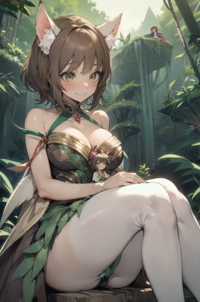 (2girls: 1.6), (height difference: 1.5), (size difference: 1.4), (giantess:1.1), a giantess looking down at a tiny woman, a giantess towering over a tiny woman, a tiny woman in the legs of a giantess, (brown skinned: 1.1), cute fantasy fancy robe, (fluffy ears), (short hair with long bangs), (catgirl), (messy hair), (very tall and mature: 1.2), (forest jungle: 1.1), sitting big thighs, tiny woman sitting a giantess lap