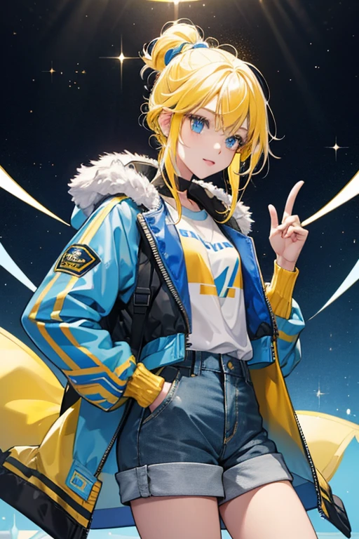 girl yellow hair with blue highlights, blue-gray jacket and gray shorts. SPARKLE; GLITTER