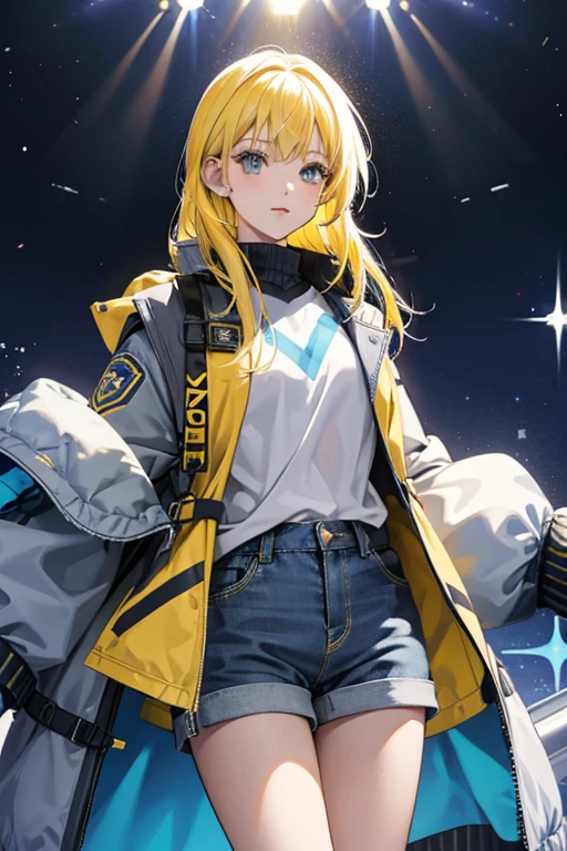 girl  yellow hair with blue highlights, blue-gray jacket and gray shorts. SPARKLE; GLITTER