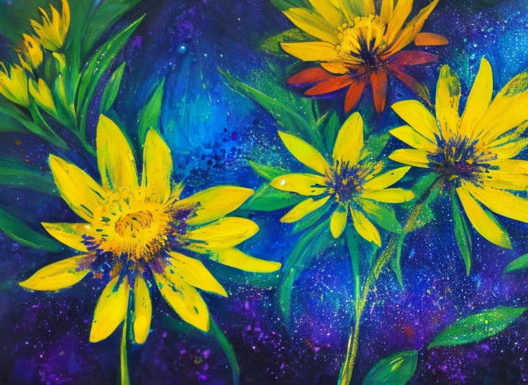 purple and yellow abstract impressionist painting of azaleas in bottom left corner of canvas, fade into dark background, water drops on the petals, focus on foreground, thick paint