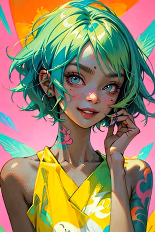 short hair,Face tattoos,Slim anime girl, Thin face, Green messy hair, Neon pink and blue street background, Stickers, smile, Harley Vibe, Spoiled brat, Very clear and smooth cheeks