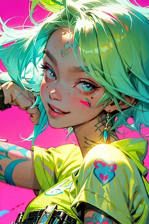 short hair,Face tattoos,Slim anime girl, Thin face, Green messy hair, Neon pink and blue street background, Stickers, smile, Harley Vibe, Spoiled brat, Very clear and smooth cheeks