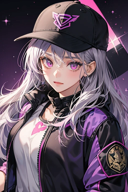 girl with gray hair and pink eyes, wearing a black mask, a large baseball cap, and a purple jacket. SPARKLE; GLITTER