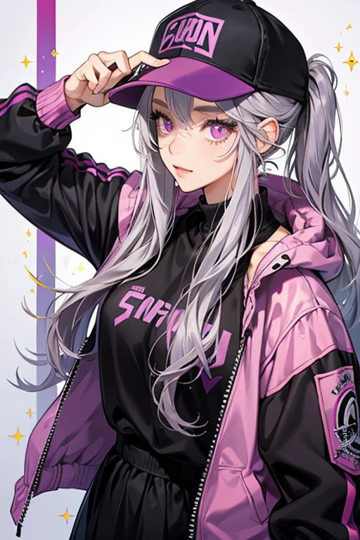 girl with gray hair and pink eyes, wearing a black mask, a large baseball cap, and a purple jacket. SPARKLE; GLITTER