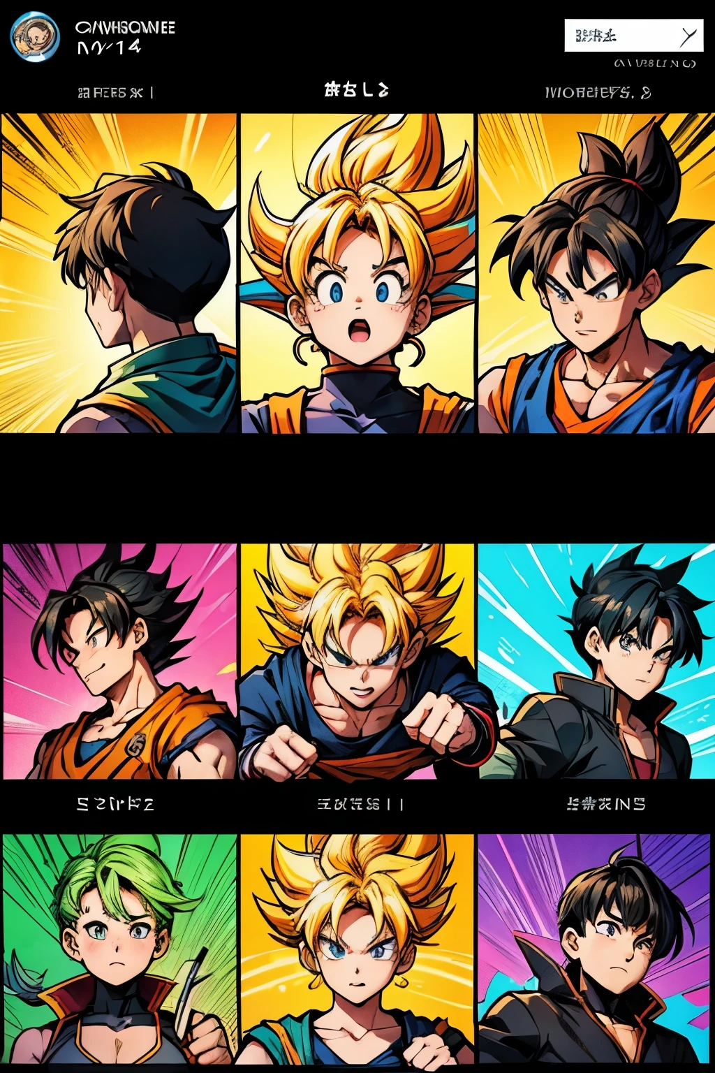 Cutaway with a vibrant and creative irregular tilted comic grid,Depicting cartoon Dragon Ball Goku and Dar manga series. Each grid contains an independent storyline, Start from the upper left corner,End at the lower right corner. Grids sometimes overlap or are placed diagonally to add visual tension. in some key plots, The character will jump out of the screen,Enhance the dynamics of the story. For example, The protagonist may jump from one grid to another while escaping, or in a battle scene, Actions may extend beyond the bounds of the grid. The background and situation of each grid gradually changes according to the development of the story., From city chase to secret base infiltration, and eventually move towards. Distinctive overall style, Bright colors,Rich expressions and movements. Leave conversation blank,Fill it out later,Let the audience imagine what the conversation would be like.