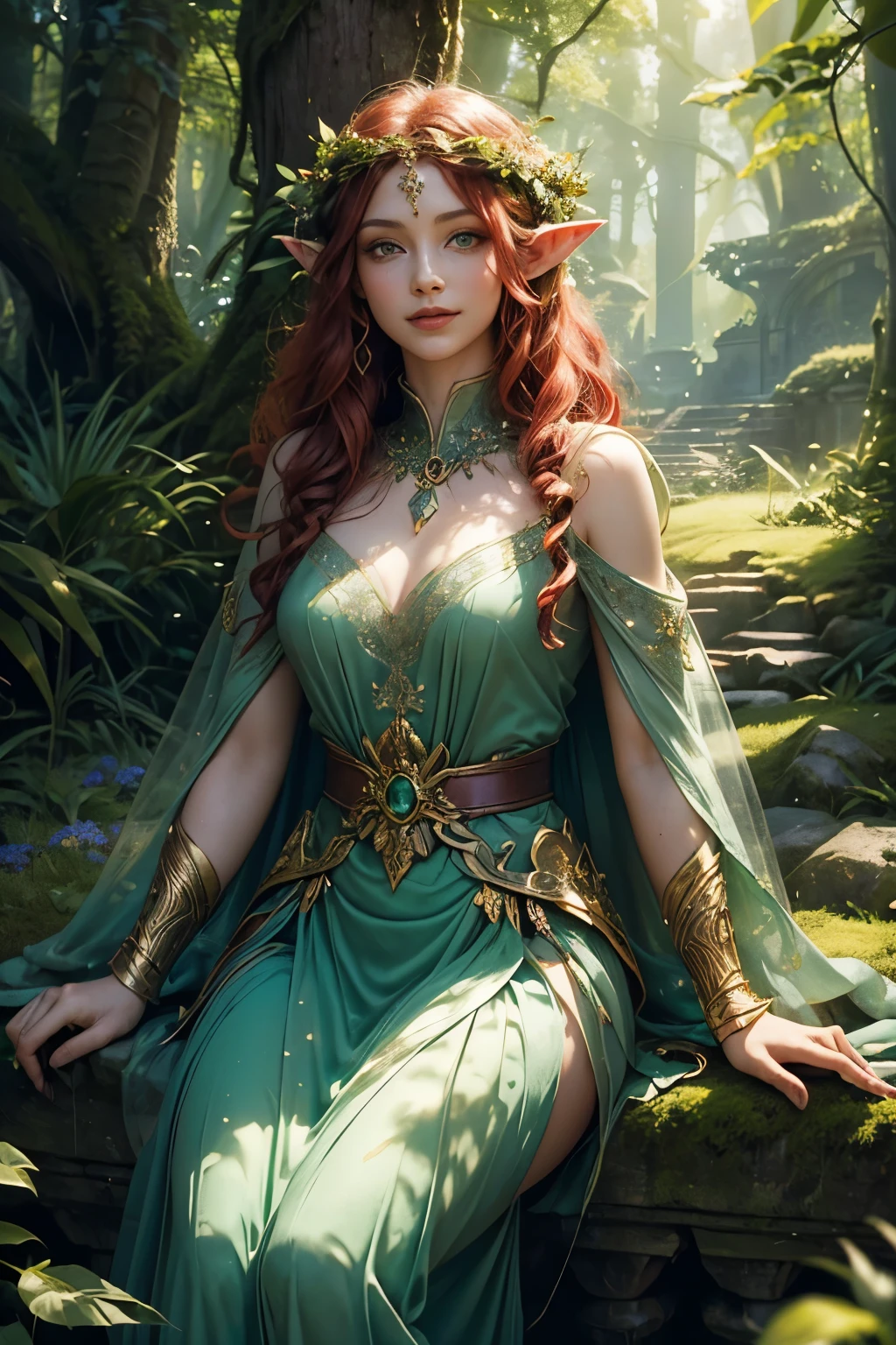 (a stunning elf woman with piercing green eyes, flowing red curly hair, and a radiant smile) (lush, vibrant colors, detailed background, fantasy setting, with dream-like lighting and brilliant sunlight) [oil painting, fantasy art,illustration] (best quality, 4k,highres,photo-realistic) (a mystical forest with towering trees, vibrant flowers, and magical creatures)(soft, ethereal lighting casting dappled shadows) [moss-covered stone path, gentle breeze rustling leaves, shimmering fairy dust] (the elf woman wearing an elegant green dress adorned with intricate forest patterns, shimmering with enchantment) (delicate flowers woven into her hair, sparkling with dewdrops) (peaceful expression, elegant posture, surrounded by an aura of graceful power and wisdom) [a book of ancient spells lying open beside her, hinting at her mystical abilities] (the sunlight filtering through the dense foliage, creating a warm and inviting atmosphere)