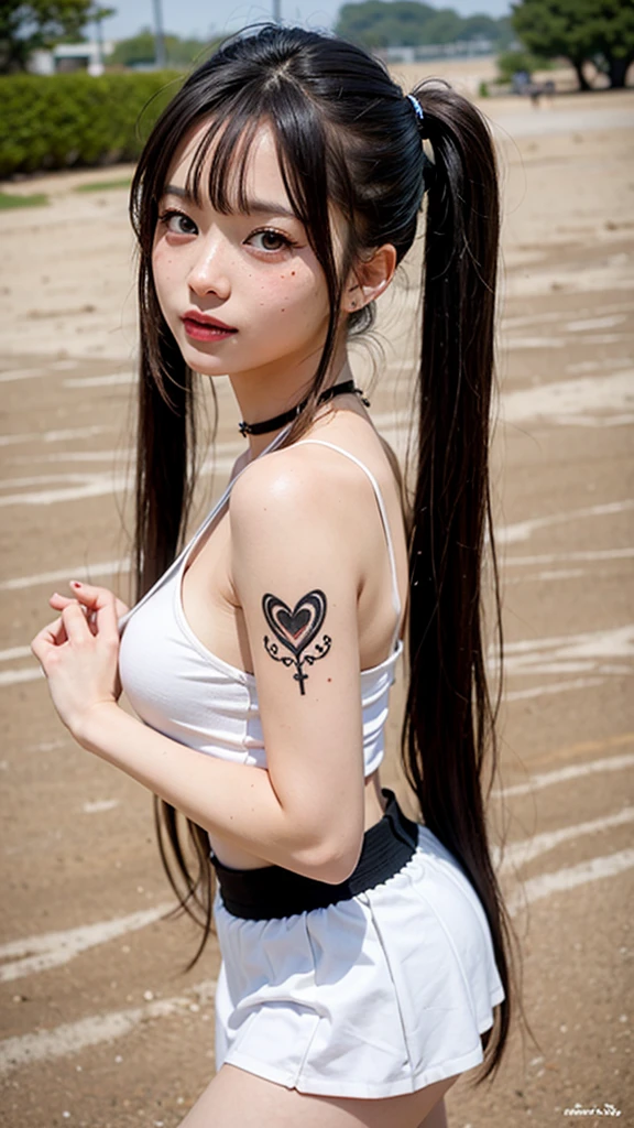 Sandstorm、Yellow sand、Sand Dunes、soil、mud、soilだらけ、masterpiece, ultra detailed, hyper detailed, insanely detailed, detailed, high quality, best quality, exquisite, beautiful, woman, shy, wink, making a V sign, looking at viewer, black hair, big eyes, slant eyes, wide-eyed, heterochromia, with heart-shaped pupils, wheatish skin, skirt, choker, with a tattoo, piercing, beauty mark, freckles, blush, nail polish, long hair, twintail, very long hair, long hair, twintails, spiked hair, flipped hair, ahoge, shiny hair, wavy hair