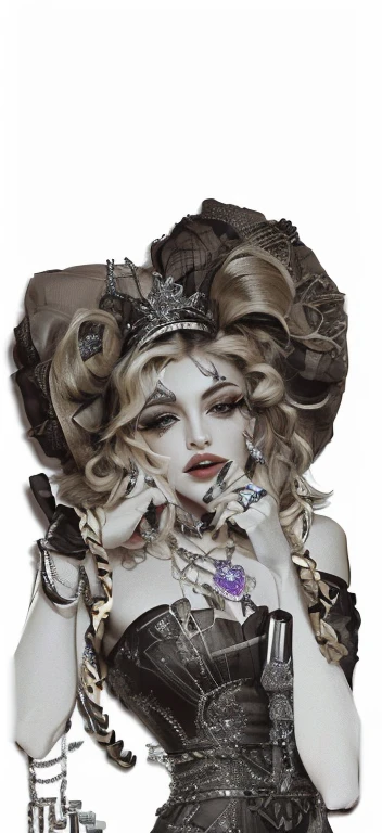 there is a woman with a hat and a necklace on her head, retrato de uma rainha ciborgue, rainha junker de overwatch, inspirado em Madonna, inspirado em Rainha do pop, inspired by musical show, personagem de fantasia hiperdetalhado, inspirado em cantora madonna, identical to Madonna, inspirado em artista Madonna. TRANSFIRMAR EM IMAGEM REALISTA DA CANTORA MADONNA preservar identidade e formato originais. Renderizar figura.