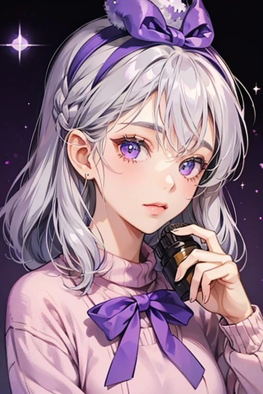 girl with gray hair and light hazel eyes, wearing a fuzzy purple sweater and a purple bow on her head. SPARKLE; GLITTER