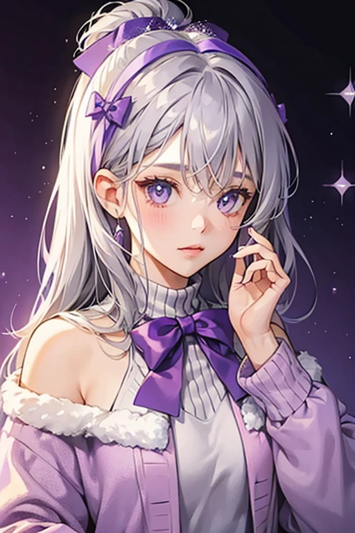 girl with gray hair and light hazel eyes, wearing a fuzzy purple sweater and a purple bow on her head. SPARKLE; GLITTER