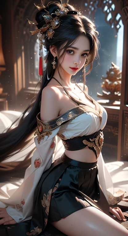 ((Bare shoulders)), ((Full breasts,chest wide open)), ((skirt很短,skirt:1.2)), ((Sexy legs)), ((whole body:1.7)), actual, Fashion Girl, red lips, Become a, Exquisite makeup, big eyes, beautiful, (best quality, masterpiece:1.2), Super detailed, (actual:1.37), ((Random Scenes, Random shooting angle)), ((Sexy long legs)), Young and energetic, Charming model, (Exquisite eyes, delicate lips), Show a bright smile, Create stunning girl images, warm color, Color Saturation Extreme Art, Extremely detailed CG, Unity 8k Wallpaper, (High Dynamic Range :1.4), (Atmosphere),(Soft colors), (Natural skin texture, ultra-actual, Soft Light, sharp),(Very detailed), night, moonlight