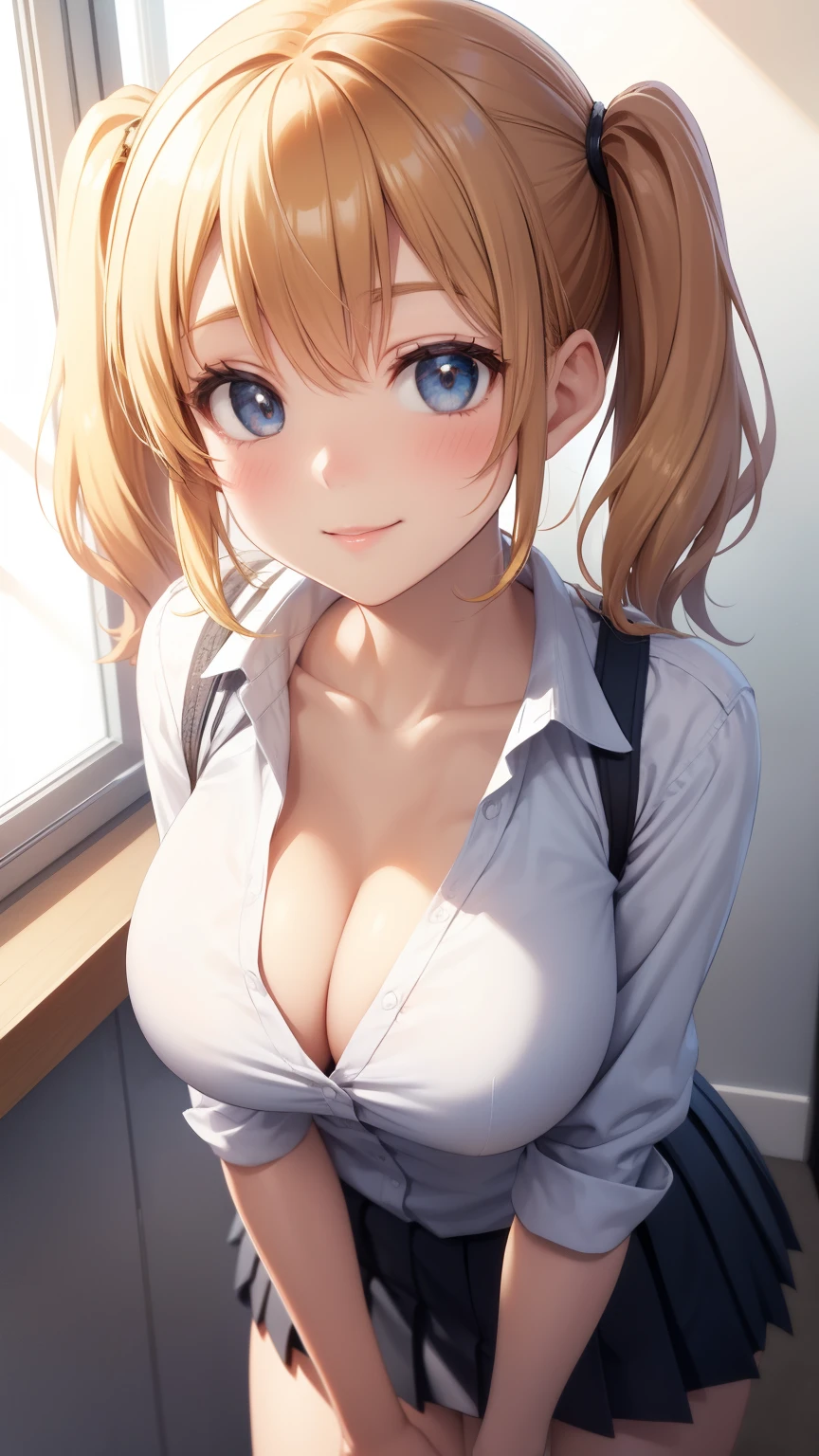 1girl, natural lighting, masterpiece, highly detailed, illustration, game CG, absurdres, high quality, aichan, large breasts, beautiful detailed eyes, detailed hair, glossy lips, blush, (school), white shirt, black pleated miniskirt, collarbone, short twintails, leaning forward, light smile, from above, looking up at viewer, blonde hair, cleavage