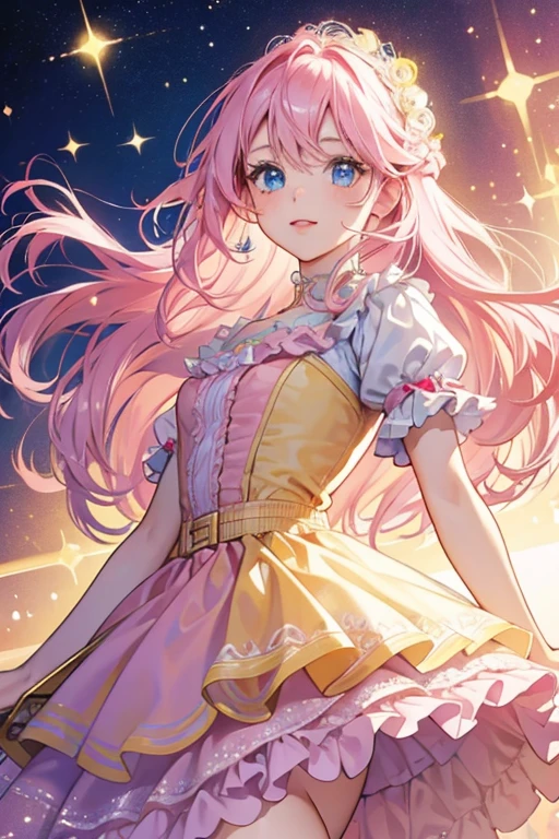 girl with long, light pink hair and blue eyes who wears a frilly pink and yellow dress. SPARKLE; GLITTER