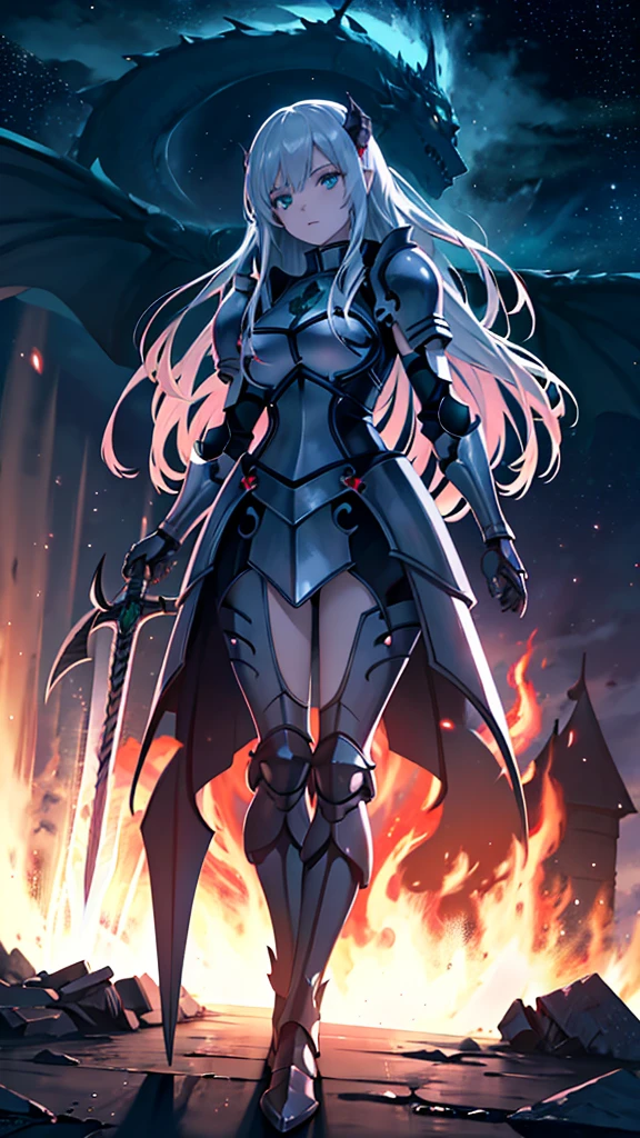 masterpience, best quality, high quality, 8k, anime demon girl, full body, imponent position,dragon armor, very detailed armor, no helmet, silver long hair, green eyes, flame sword, castle background, glowing aura, night sky, stars, realistic ilumination, best quality ilumination.