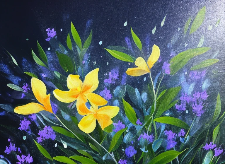 purple and yellow abstract painting of azaleas in bottom left corner of canvas, fade into dark background, water drops on the petals, focus on foreground, thick paint