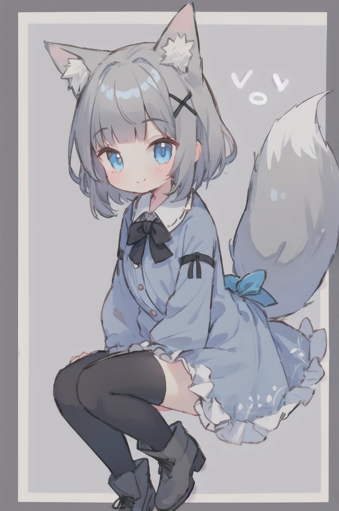 1 Girl, Solitary, Bangs, blue eyes, Hair accessories, x Hair accessories, bow, Fox ears, Fox Tail, Gray hair, flat chest, Blue Dress, White boots, Black over-the-knee stockings, Separate sleeves, Collared shirt, Wrist sleeves, Smile,
