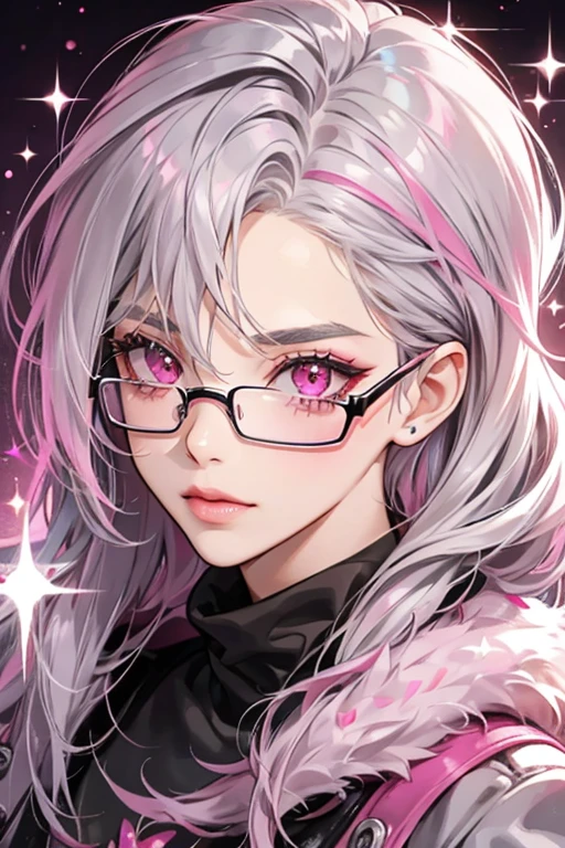gray hair and a magenta highlight with pink eyes and glasses. SPARKLE; GLITTER