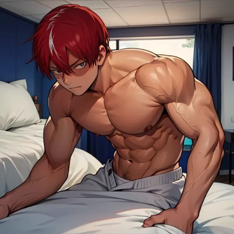 Todoroki Shoto, musculoso, sin camisa, vaquero, atado en una cama, mirada seductora