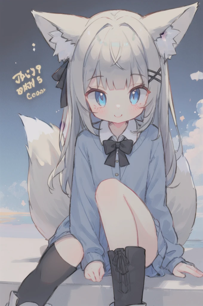 1 Girl, Solitary, Bangs, blue eyes, Hair accessories, x Hair accessories, bow, Fox ears, Fox Tail, Gray hair, flat chest, Blue Dress, White boots, Black over-the-knee stockings, Separate sleeves, Collared shirt, Wrist sleeves, Smile,