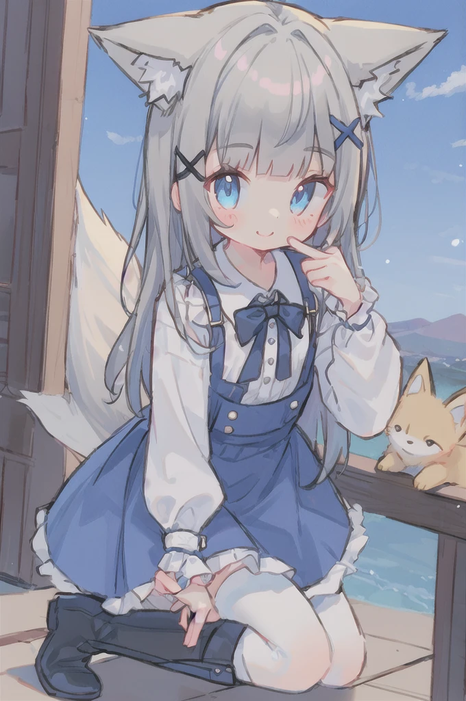 1 Girl, Solitary, Bangs, blue eyes, Hair accessories, x Hair accessories, bow, Fox ears, Fox Tail, Gray hair, flat chest, Blue Dress, White boots, Black over-the-knee stockings, Separate sleeves, Collared shirt, Wrist sleeves, Smile,