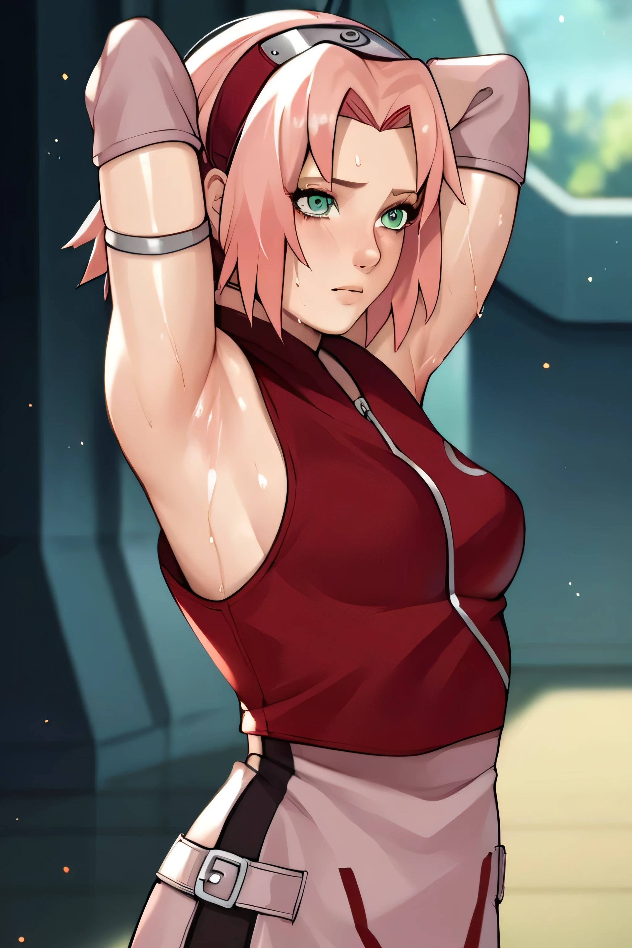 score_9,score_8_up,score_7_up,score_6_up,score_5_up,score_4_up BREAK skinny,choker,medium breasts,detached sleeves,outdoors,forest,shiny skin,bokeh,bloom,indoors,light particles,castle,space,1girl,haruno sakura,pink hair,short,hair,green eyes,forehead protector,armpits,arms up,armpit,sweaty armpit,arms behind head,awesome armpits,sweat,sweaty,exhausted,exhaustion