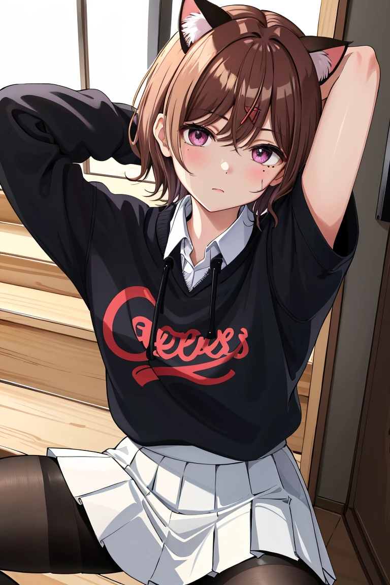 Best quality, higher, 1 Girl, Higuchi Madoka, Lace pantyhose, skirt, Brown hair, Moles under the eyes, birthmark, Hair accessories, Hairpin, Pleated Skirt, Short and delicate hair, , Long sleeve, By Bangs, sweater, , 黑色sweater, Black tights, 灰色skirt, Collared shirt, Purple Eye, Cowboy lens,White panties,Sitting on the stairs、National Foundation:1.5、(Bend your knees,spread legs), raise arms, Keep your arms behind your head, Looking at the audience, Poker face,Cat ear