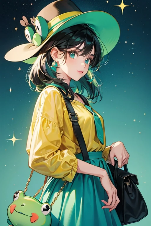 girl with black hair and teal highlights, wearing a yellow top and hat with frog hair clips and a frog bag. SPARKLE; GLITTER