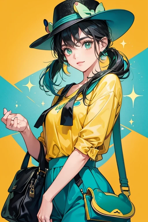 girl with black hair and teal highlights, wearing a yellow top and hat with frog hair clips and a frog bag. SPARKLE; GLITTER