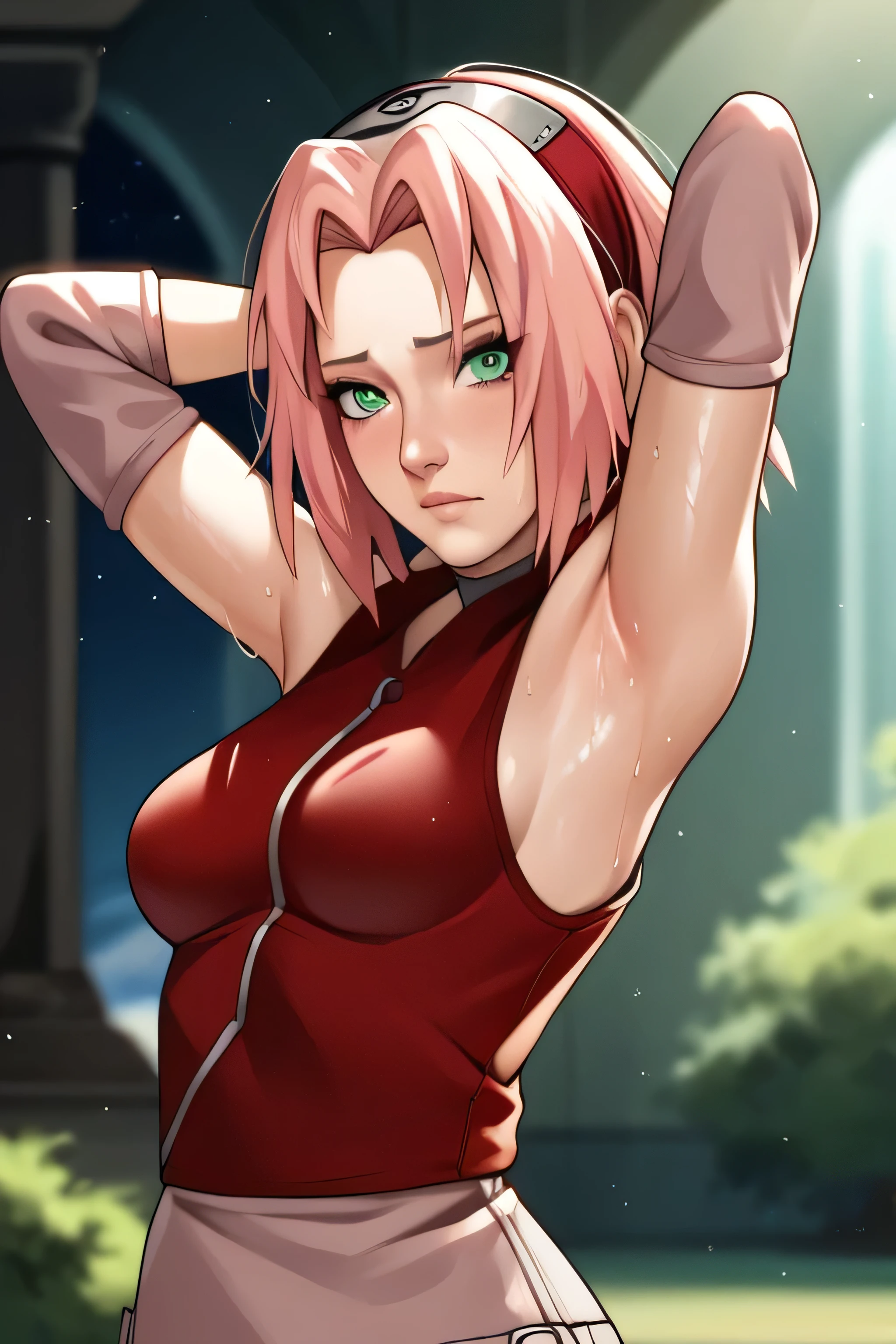 score_9,score_8_up,score_7_up,score_6_up,score_5_up,score_4_up BREAK skinny,choker,medium breasts,detached sleeves,outdoors,forest,shiny skin,bokeh,bloom,indoors,light particles,castle,space,1girl,haruno sakura,pink hair,short,hair,green eyes,forehead protector,armpits,arms up,armpit,sweaty armpit,arms behind head,awesome armpits,sweat,sweaty,exhausted,exhaustion