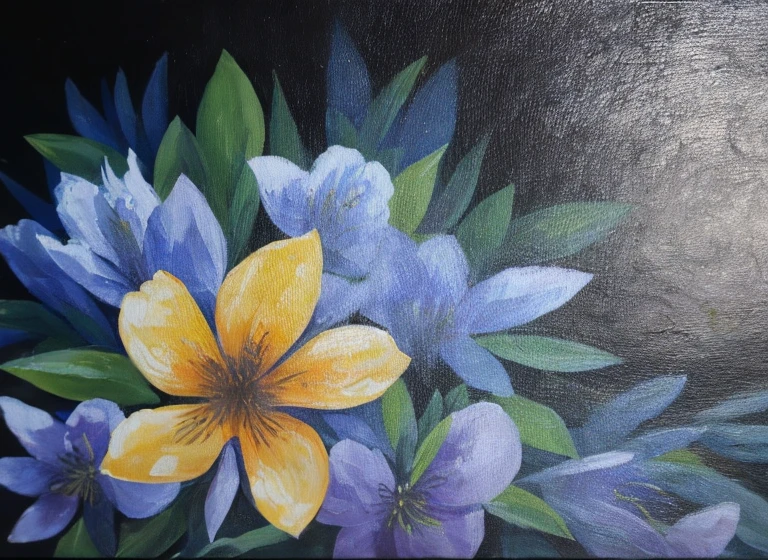 purple and yellow abstract painting of azaleas in bottom left corner of canvas, fade into dark background, thick paint