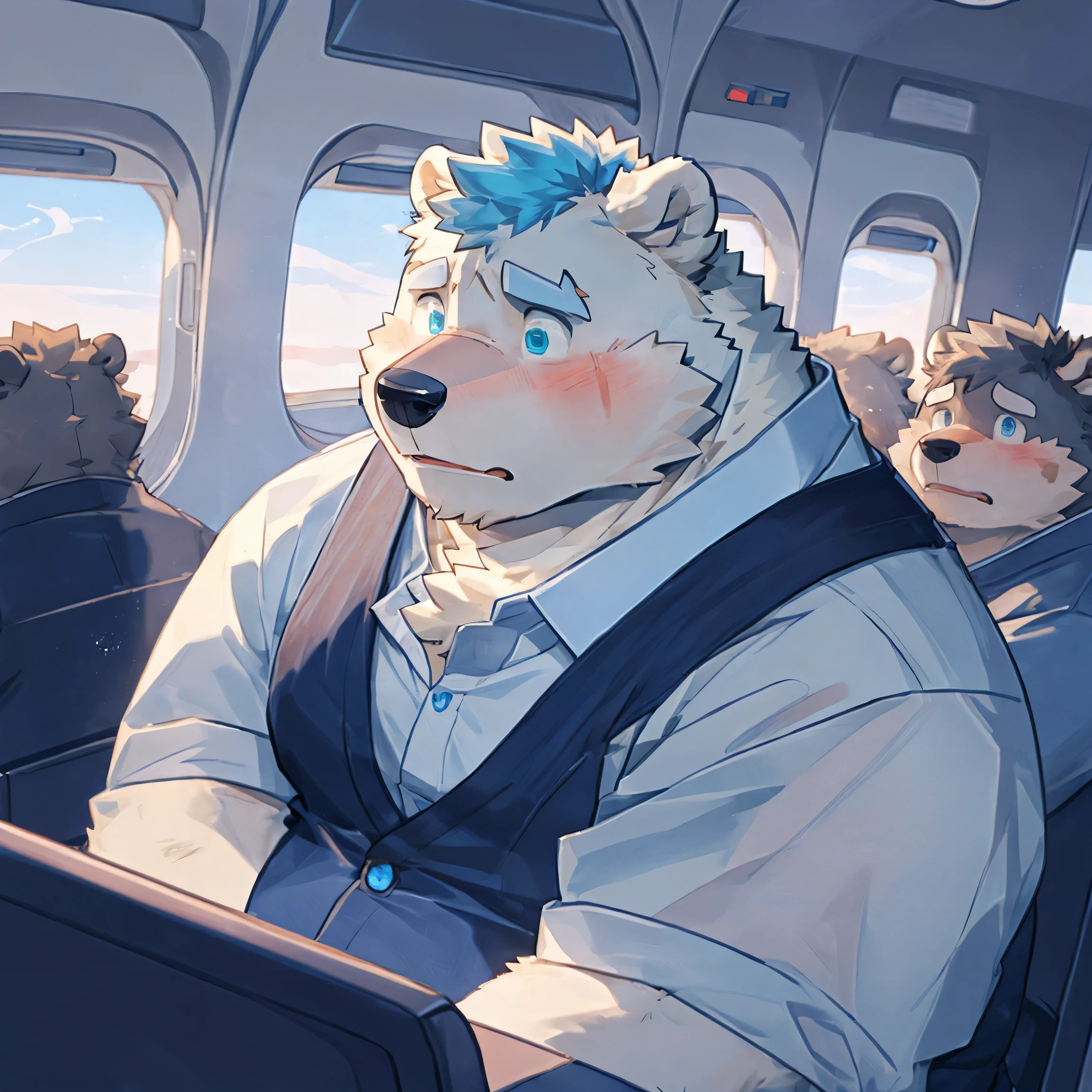 masterpiece, best quality, 8k resolution, Very detailed, hairy,Polar Bear,Blue Hair,Blue eyes,Lovely,Chubby,Chubby Face,Strong,Blushing,scared,,nervous,portrait,Solitary,male,Highest quality scene,on the plane,sitting。night,one person,alone,Facing the audience