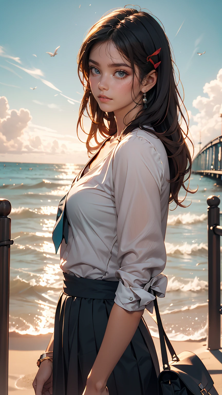 masterpiece,((Clear lines)),  Limited edition palette,highest quality, Flat Color, Low contrast, ((One girl)),(((Very delicate and beautiful girl))),(Beautifully detailed face),(Beautiful fine details),{Long Hair},hair ornaments,((Middle chest)),Long black hair,Hair Ribbon, , Are standing,((View Viewer:1.6)), View from below,Beautifully detailed skies,Bright sky,Cloudy,sunlight, (Detailed Light),Lighting,colorful,Ocean,Beach, bridge,The way to school,Skyscraper, autumn, mist