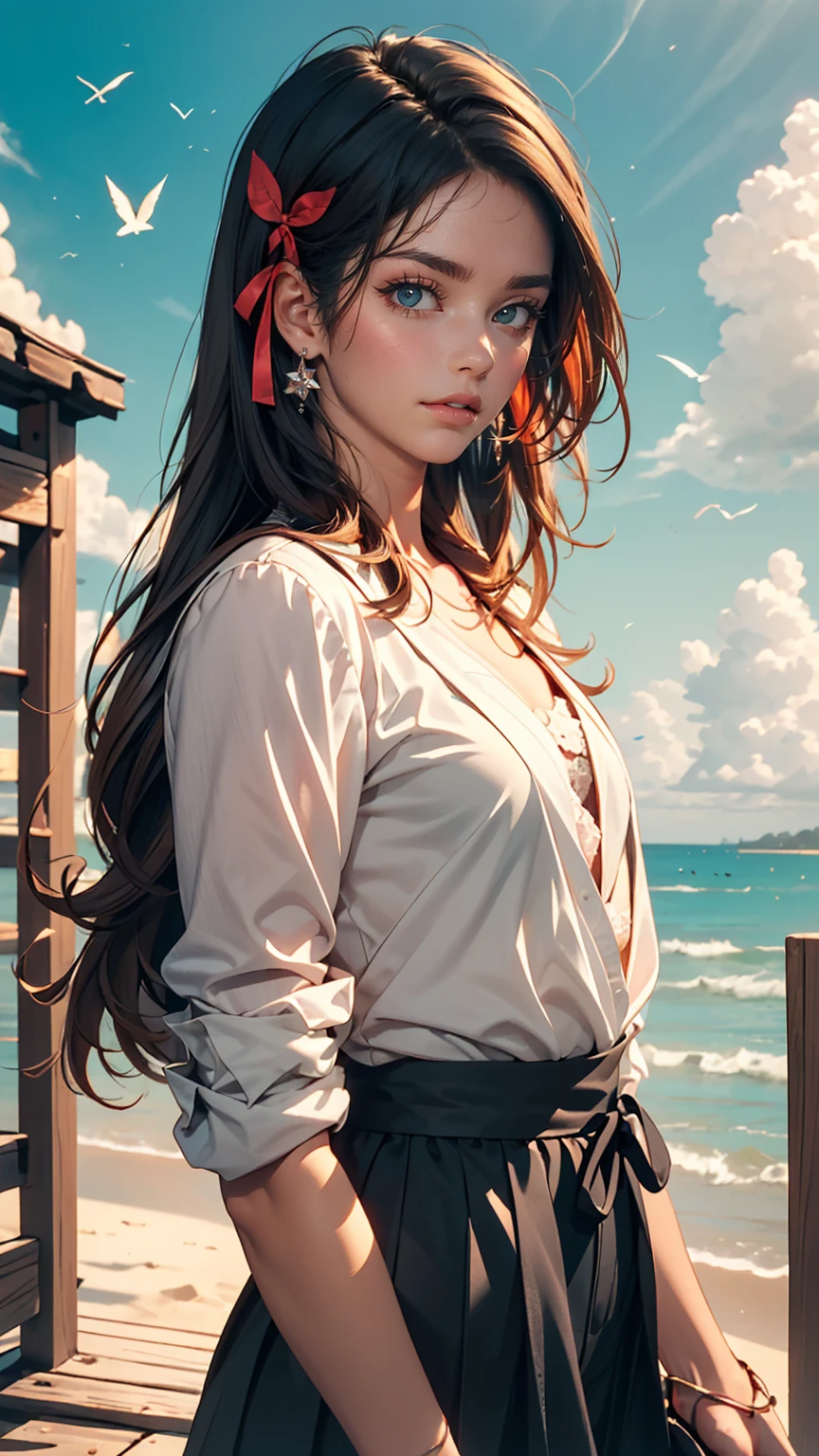 masterpiece,((Clear lines)), Limited edition palette,highest quality, Flat Color, Low contrast, ((One girl)),(((Very delicate and beautiful girl))),(Beautifully detailed face),(Beautiful fine details),{Long Hair},hair ornaments,((Middle chest)),Long black hair,Hair Ribbon, , Are standing,((View Viewer:1.6)), View from below,Beautifully detailed skies,Bright sky,Cloudy,sunlight, (Detailed Light),Lighting,colorful,Ocean,Beach, bridge,The way to school,Skyscraper, autumn, mist