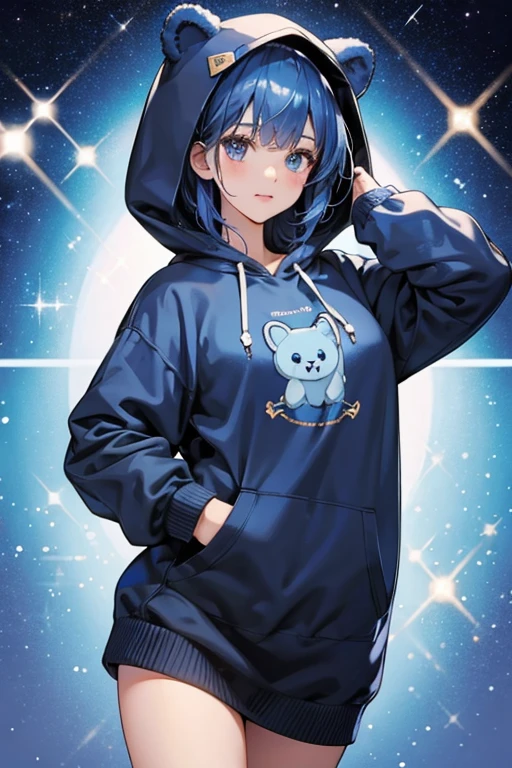 blue bear hoodie over her navy blue hair. SPARKLE; GLITTER