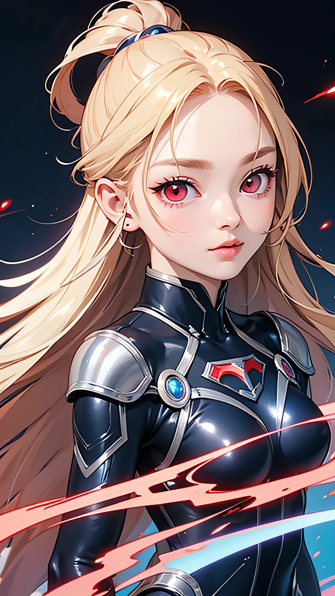 highest quality、Realistic、female、Japanese、zoom、cute、Red glowing eyes、Blonde Hair、long hair、Dark blue hero suit、Silver accents、Shiny bodysuit、blue sky、