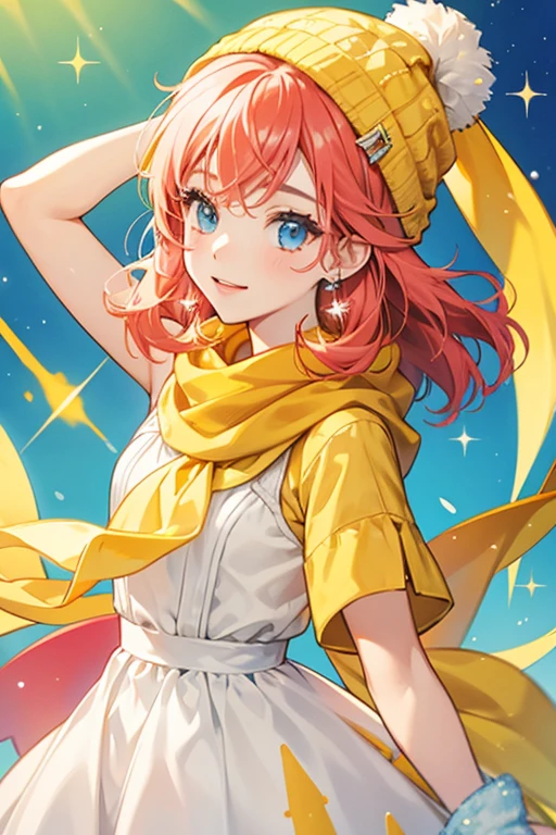  girl with coral hair with yellow and blue eyes, wearing a yellow beanie, a yellow scarf, and a white dress. SPARKLE; GLITTER
