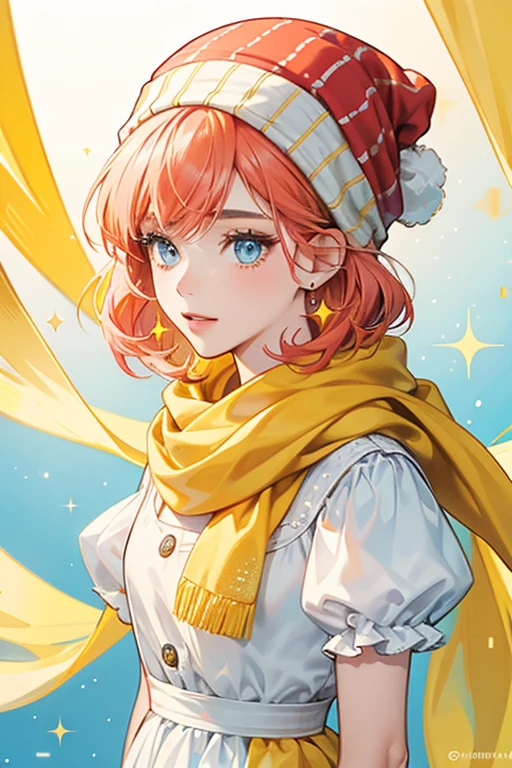  girl with coral hair with yellow and blue eyes, wearing a yellow beanie, a yellow scarf, and a white dress. SPARKLE; GLITTER