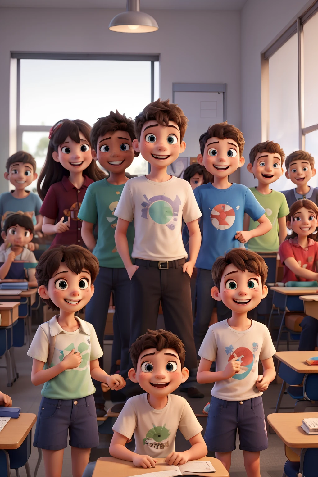 a group of 10 young friends at school, standing together laughing with each other, all holding hands, united and happy. Pants and shirts. They respect each other and are friends. Happy face expressions. Tidy classroom, bright room. Straight eyes. perfect eyes. High quality. Perfect facial expressions. Perfect Eyes