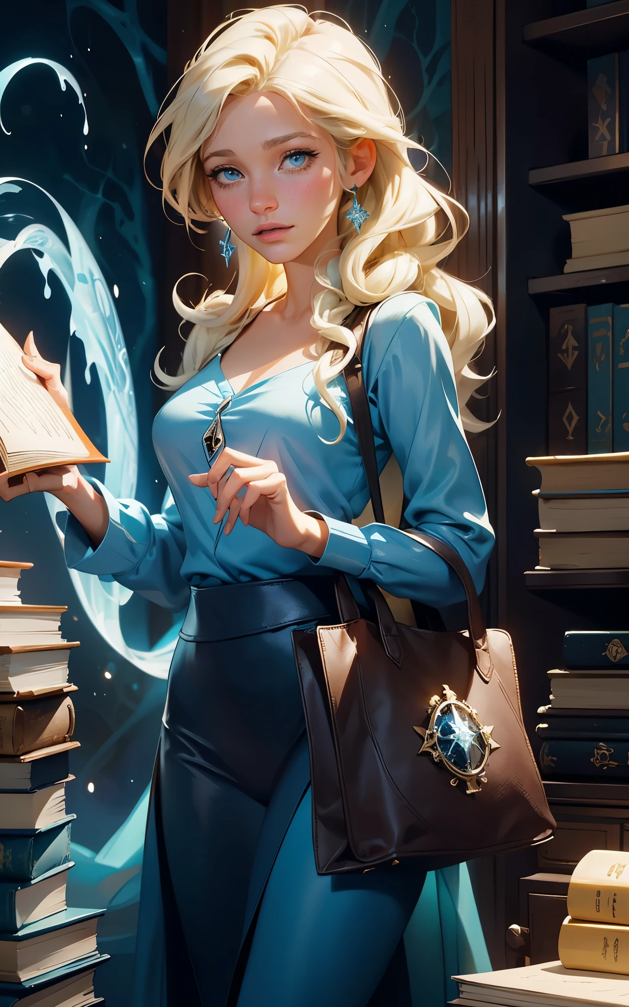 (Blake Lively:Elsa Pataky) is a librarian grabbing a book with strange symbols in the cover, tote bag. ((Blue shirt with white neck)) , Lovecraft atmosphere, 1920 style, masterpiece.