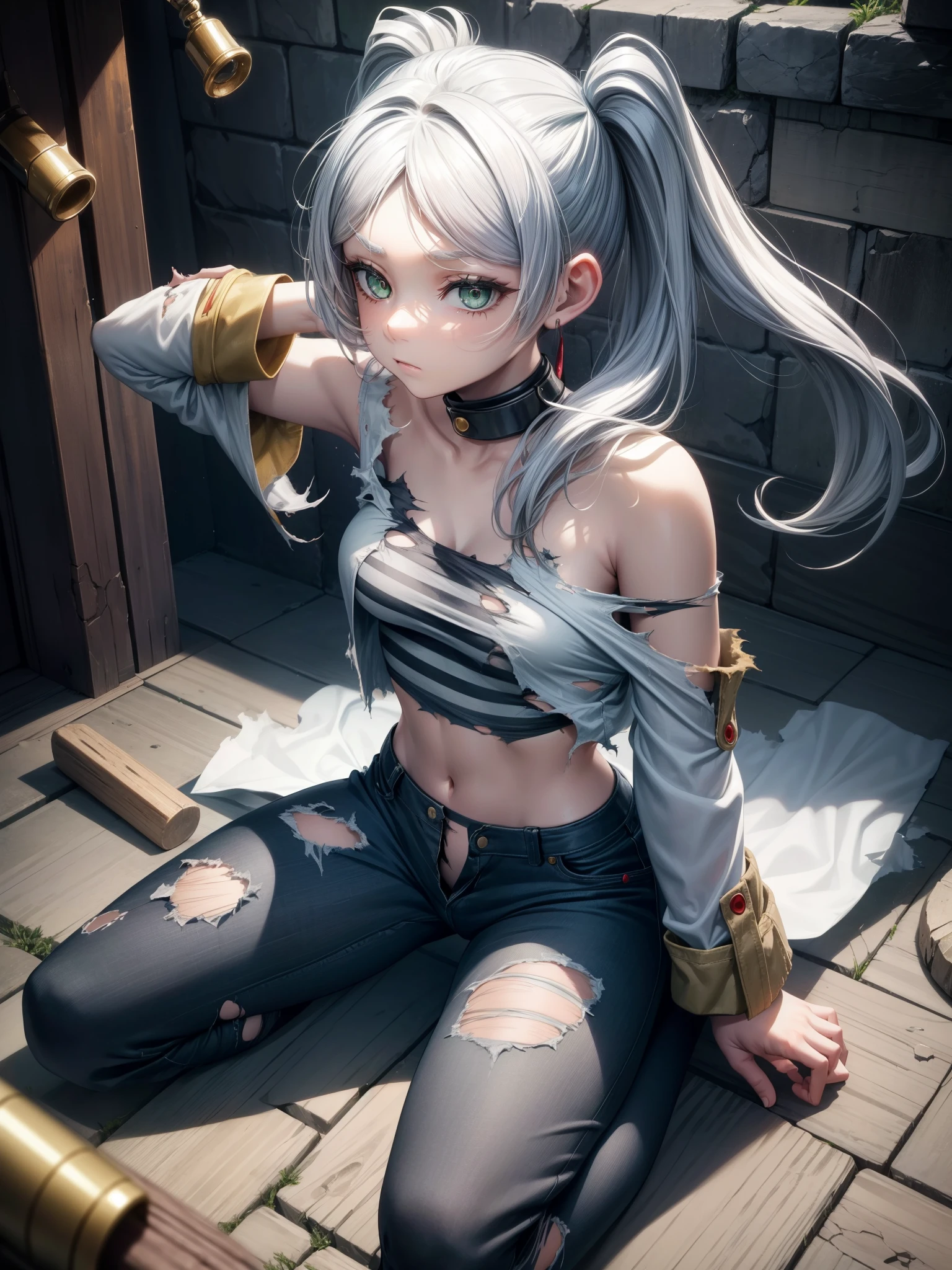 (masterpiece, best quality, detailed), 1girl, solo, looking at viewer, uni, white hair, drill hair, twin drills, twintails, bangs, hair between eyes, sidelocks, priclothes, striped clothes, crop top, indoors, dungeon, slave, prison, prison cell, stone wall, cracked wall, bars, wariza, hand between legs, from above, green eyes, symbol-shaped pupils, off shoulder, bare shoulders, barefoot, stone floor, dirty, (torn clothes:1.4), on floor, pants, (torn pants), angry, glaring, closed mouth