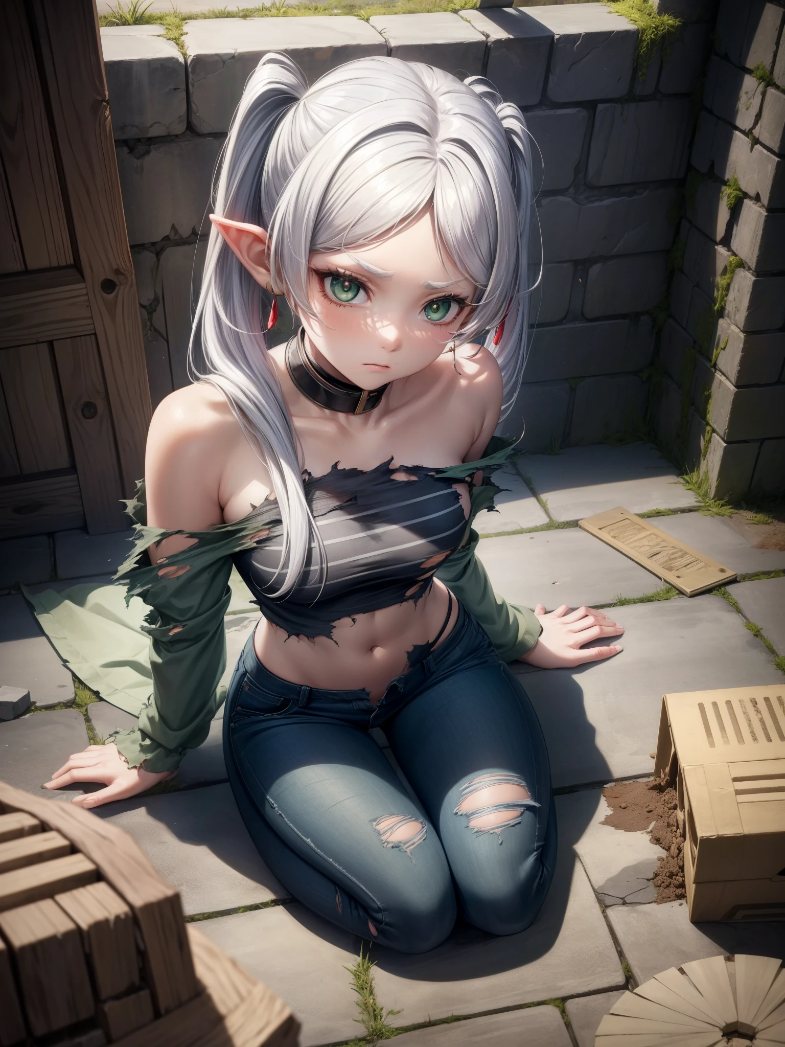 (masterpiece, best quality, detailed), 1girl, solo, looking at viewer, uni, white hair, drill hair, twin drills, twintails, bangs, hair between eyes, sidelocks, priclothes, striped clothes, crop top, indoors, dungeon, slave, prison, prison cell, stone wall, cracked wall, bars, wariza, hand between legs, from above, green eyes, symbol-shaped pupils, off shoulder, bare shoulders, barefoot, stone floor, dirty, (torn clothes:1.4), on floor, pants, (torn pants), angry, glaring, closed mouth