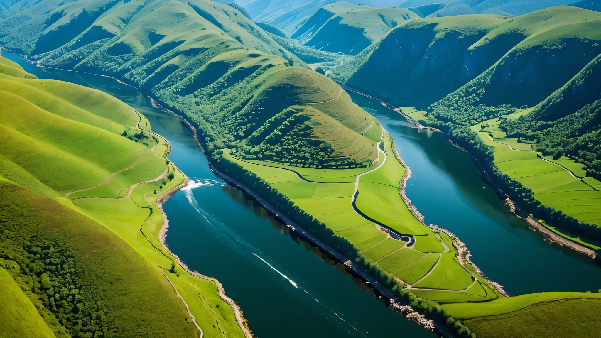 Green mountains, green water and river horizontal composition drone photography realistic feeling 4k 