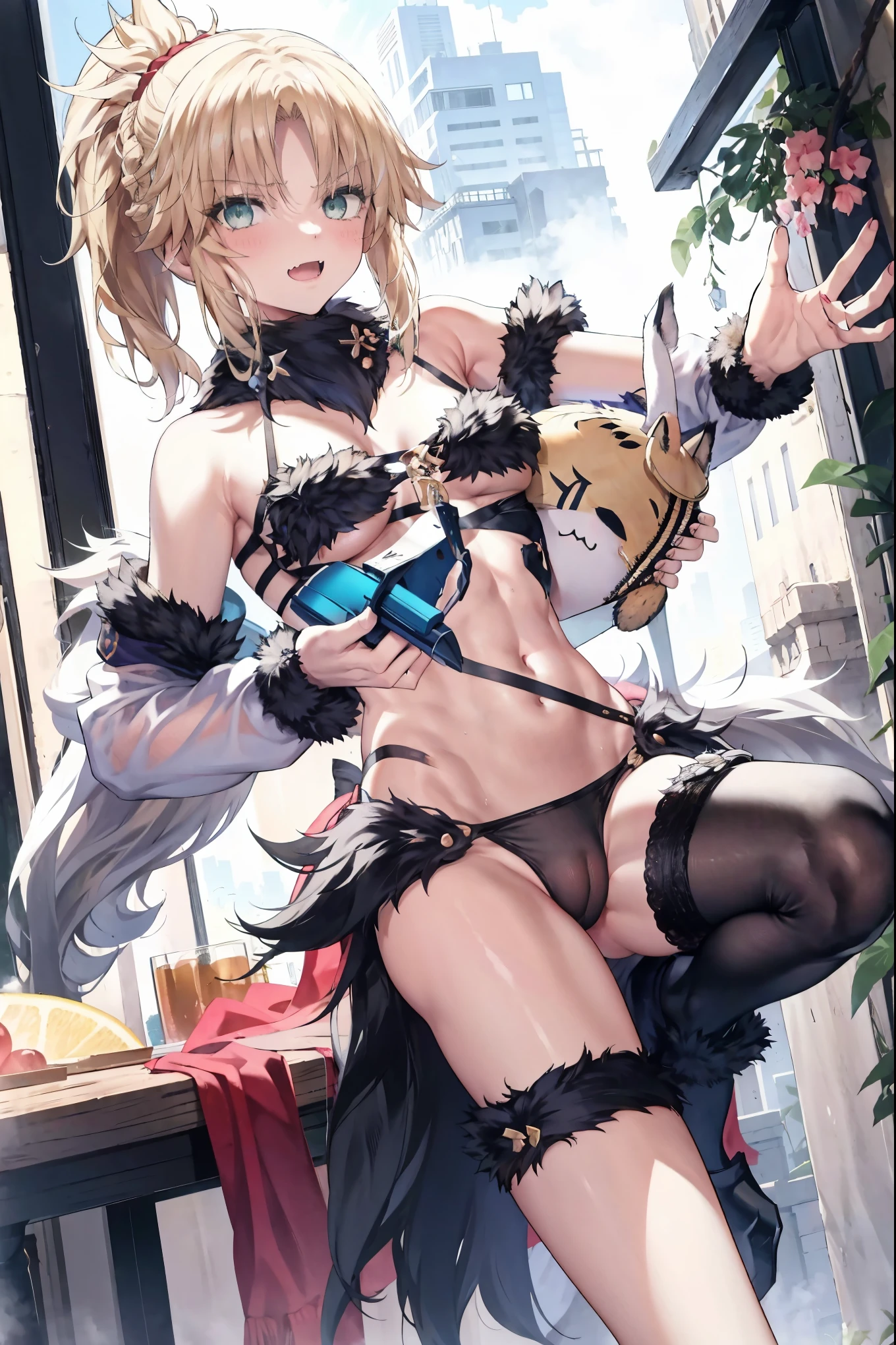 Masterpiece, Best Quality, illustration, city, 1girl, Mordred \(fate\), collarbone, Detailed blond hair ponytail braid, green eyes,,navel,thigh-high, covered_pussy,skiny,long_sword,apart_legs,dangerousbeast,elbow_gloves,
,wolf_tail,wolf_ears,fang,happy,shy,confuse_smile,spread_legs,clow_pose,armpits,open_mouth,angry,squat,
