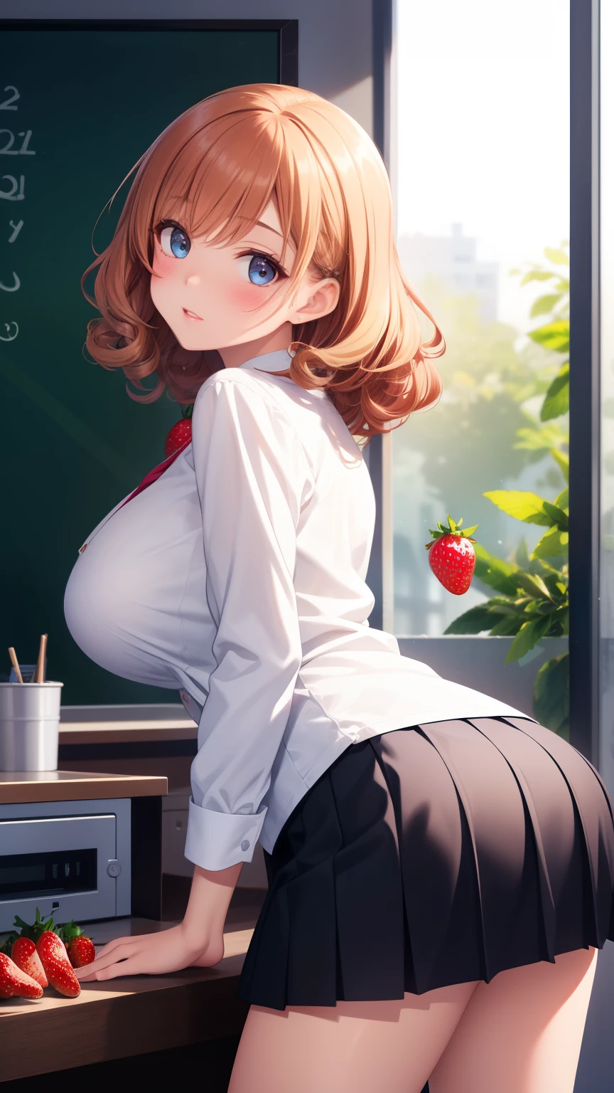 1girl, natural lighting, masterpiece, highly detailed, illustration, game CG, absurdres, high quality, aichan, large breasts, beautiful detailed eyes, detailed hair, glossy lips, blush, school, white shirt, black pleated miniskirt, very curly hair, leaning forward, ((strawberry blonde hair)), looking back at viewer