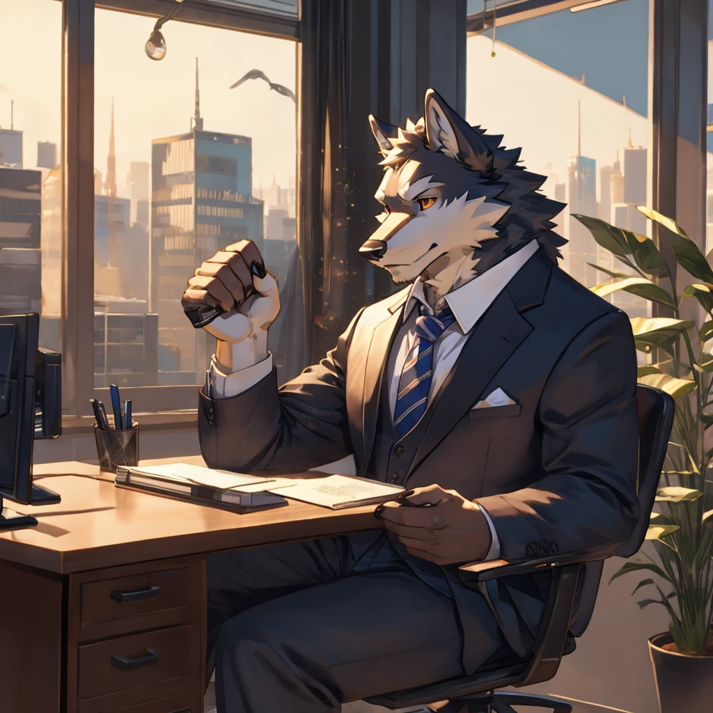 Wolf, suit, office, sitting