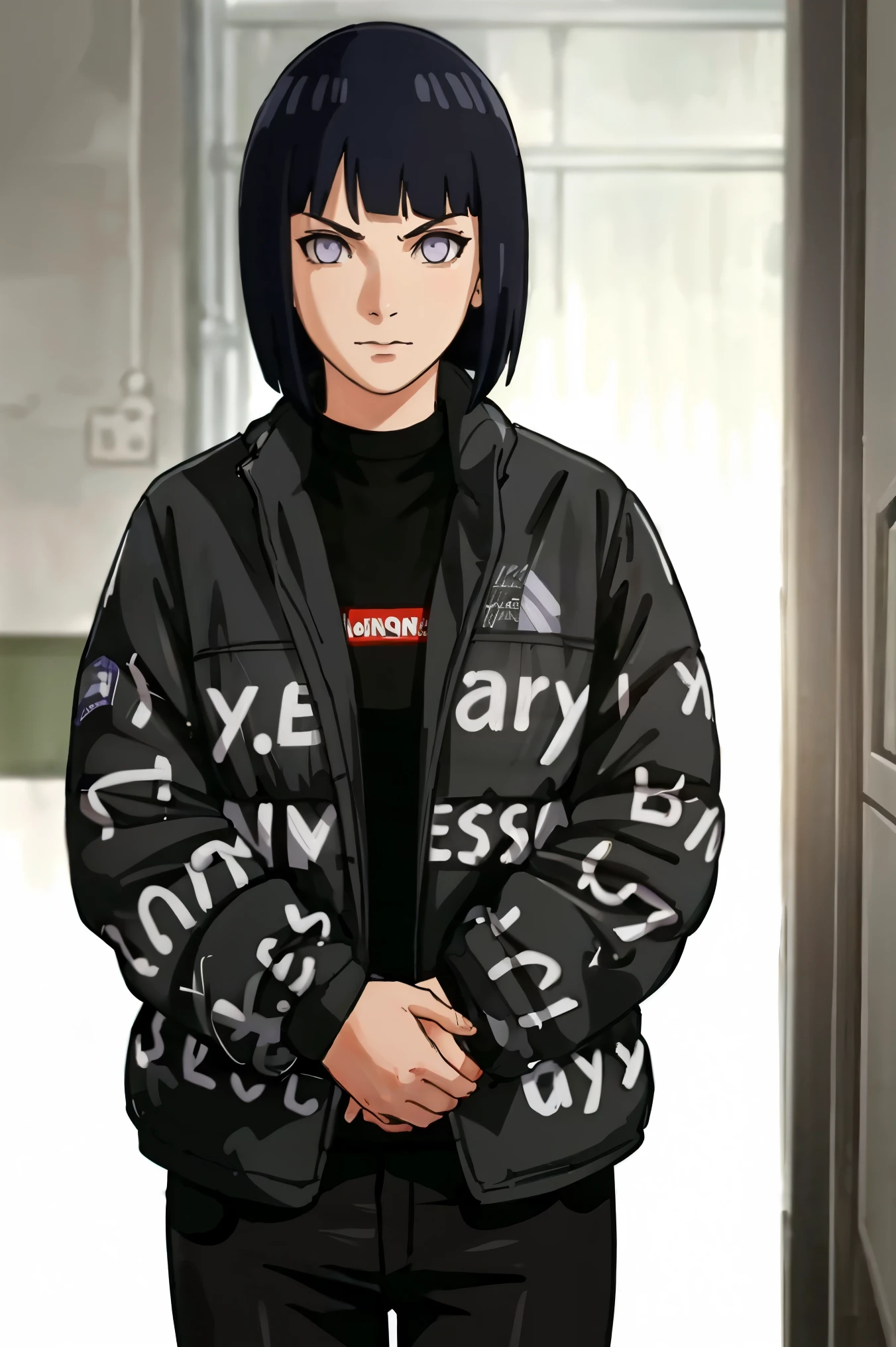 drip jacket,white background, shirt, closed mouth, open clothes, black pants, pants, 1girl, black shirt, looking at viewer, open jacket, solo, own hands together, (masterpiece:1.4), (best quality:1.4), realistic, 1girl, front view, serious, hinata, short hair, blurred light purple eyes 