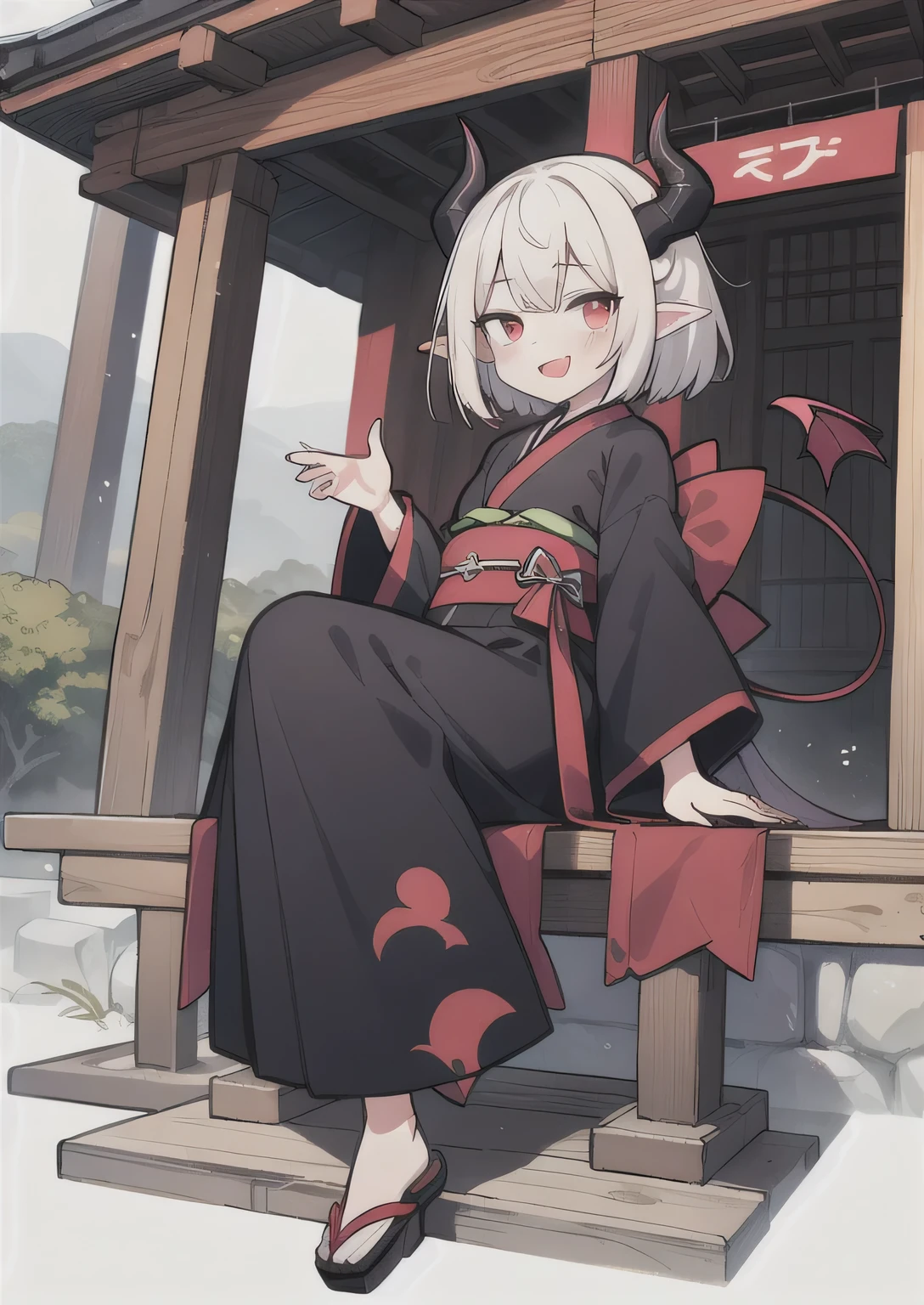 8K, 1girl, petit, adult. kawaii vampire, crimson hair, short hair, red eyes, fang, bat wings, smile, (blush), (shy), pointed ears, looking at viewer,  dynamic angle, wind, game cg, fantastic scenery, devil tail,  demon tail, thin tail, black horns, medium breast, show full body, shrine, yokai, yokai pet, monster, latex outfit, latex, sexy, horny, shiny, kimono